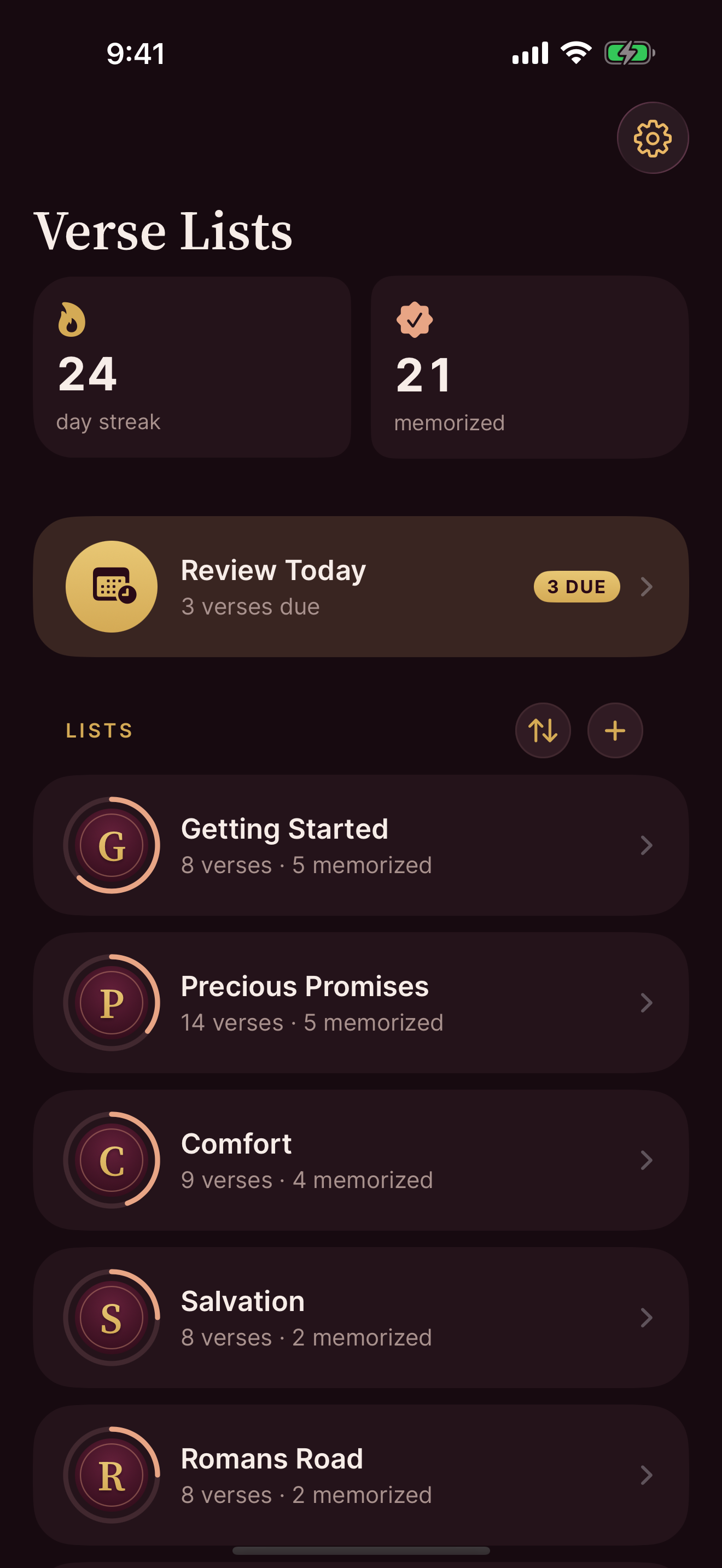 Bible Memory Game: verse lists, streak and Review Today
